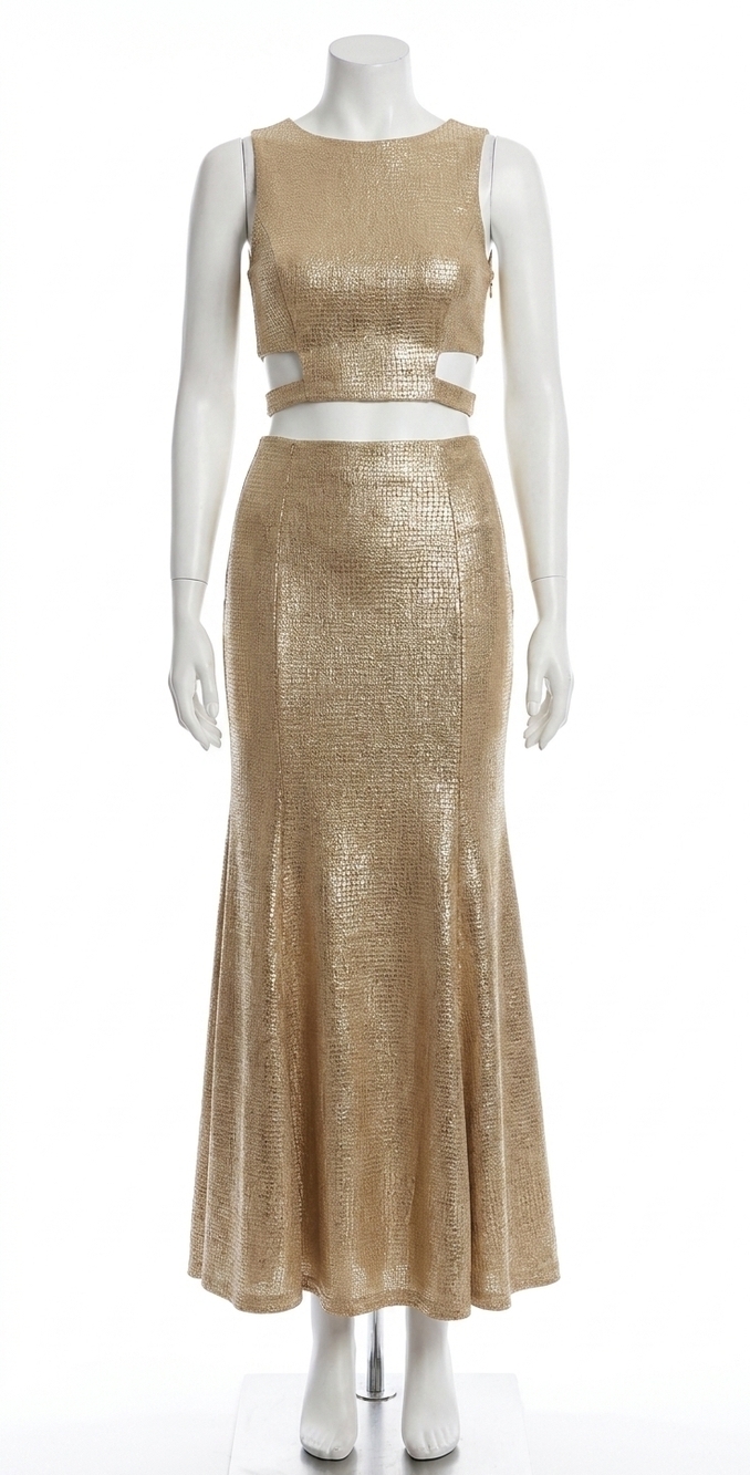 NEW CLARISSE two piece metalic knit maxi dress in gold